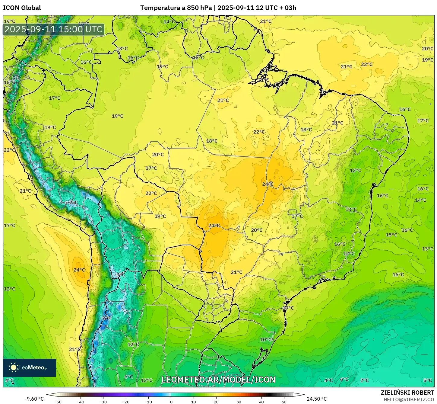 ICON model - Brasil, Temperatura a 850 hPa