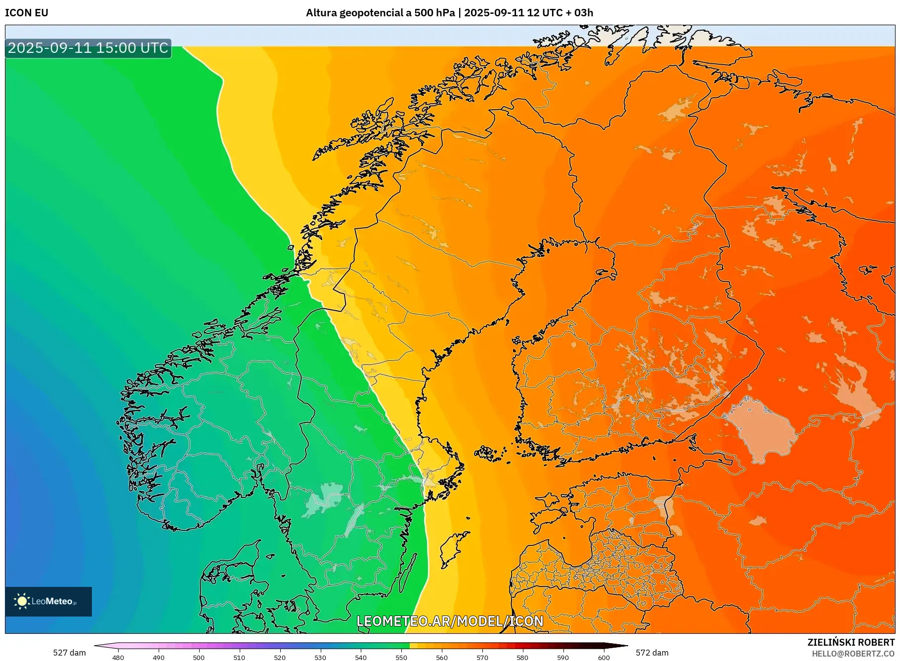 ICON model - Escandinavia, Altura geopotencial a 500 hPa