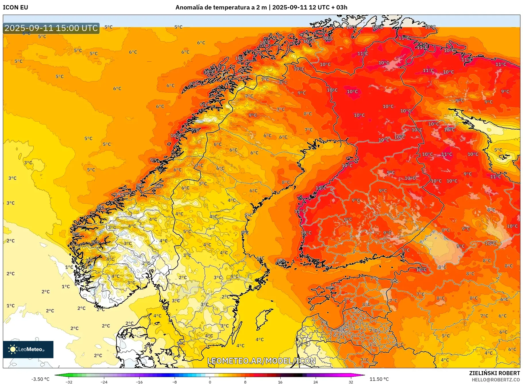 ICON model - Escandinavia, Anomalía de temperatura a 2 m