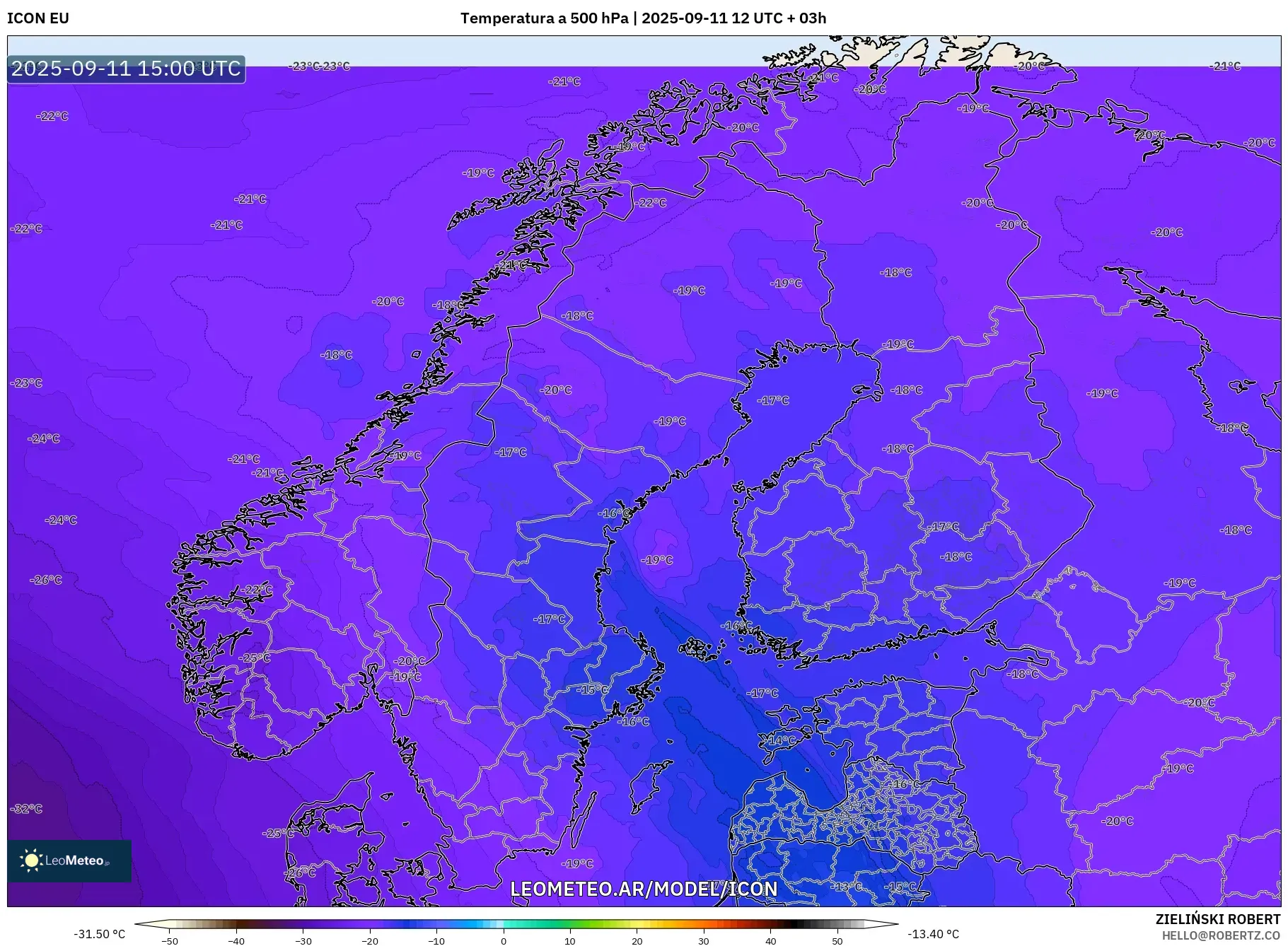 ICON model - Escandinavia, Temperatura a 500 hPa ICON model - Escandinavia, Temperatura a 500 hPa