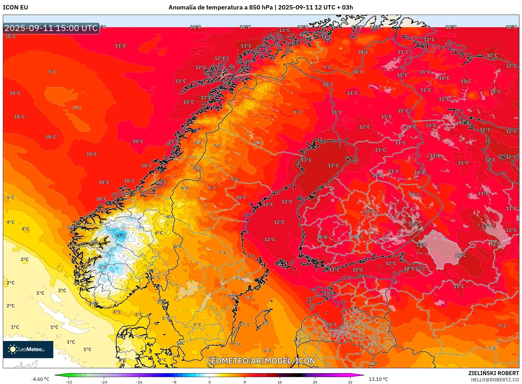 ICON model - Escandinavia, Anomalía de temperatura a 850 hPa