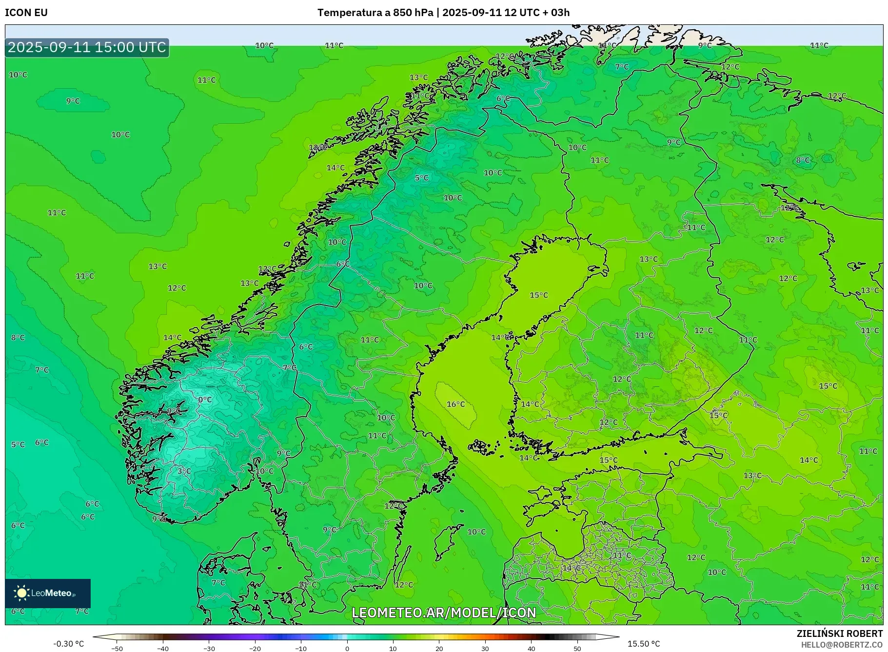 ICON model - Escandinavia, Temperatura a 850 hPa
