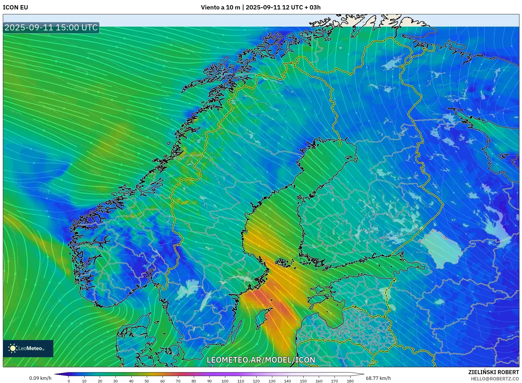 ICON model - Escandinavia, Viento a 10 m