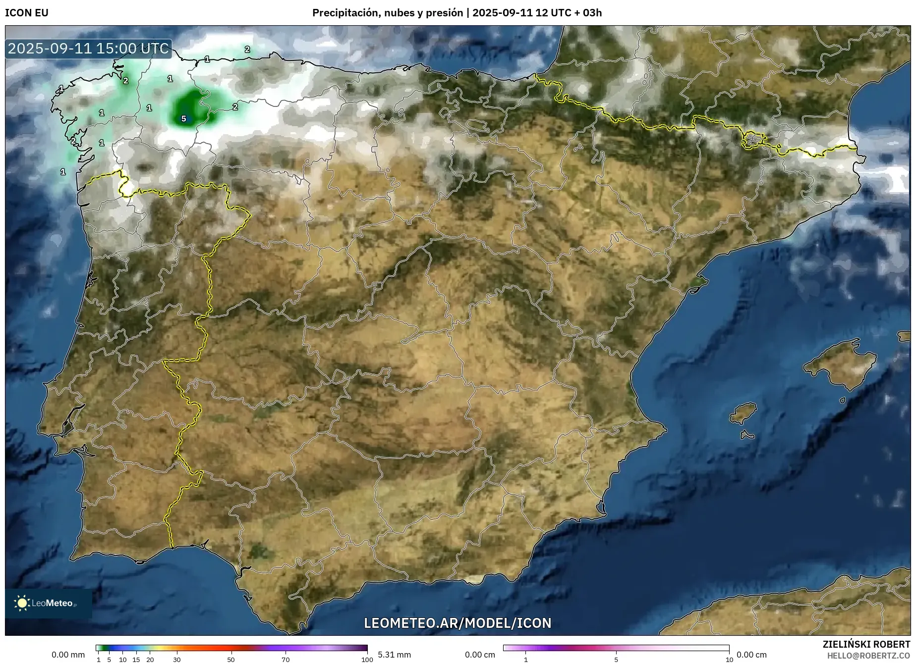 ICON model - España, Precipitación, nubes y presión