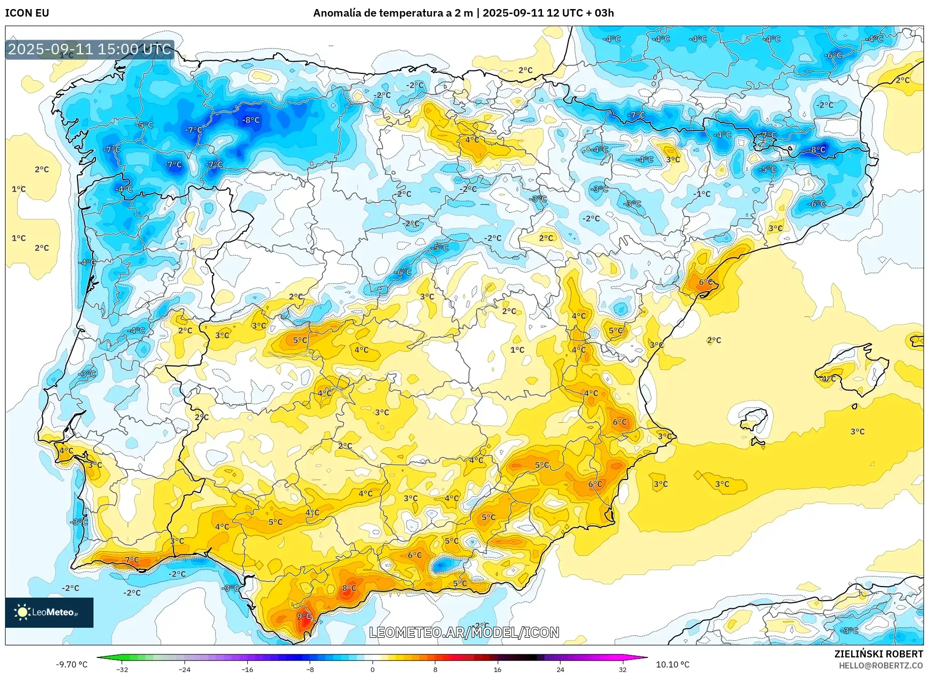 ICON model - España, Anomalía de temperatura a 2 m