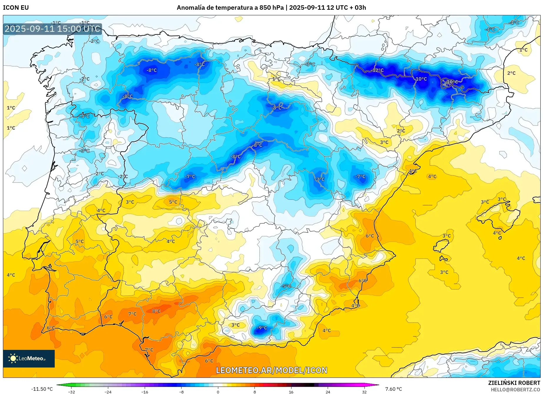 ICON model - España, Anomalía de temperatura a 850 hPa