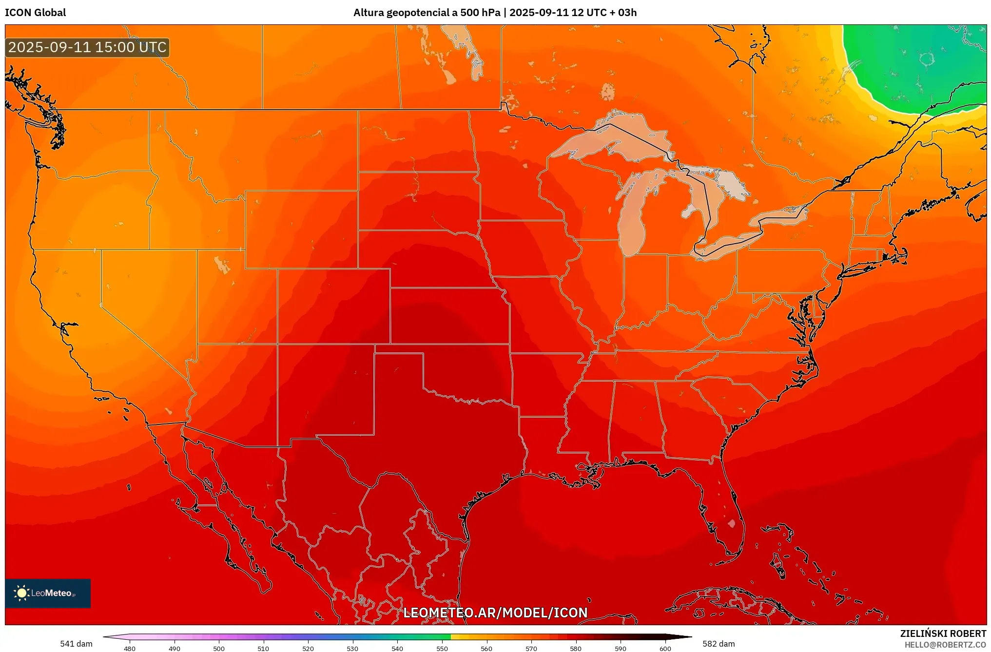 ICON model - Estados Unidos, Altura geopotencial a 500 hPa