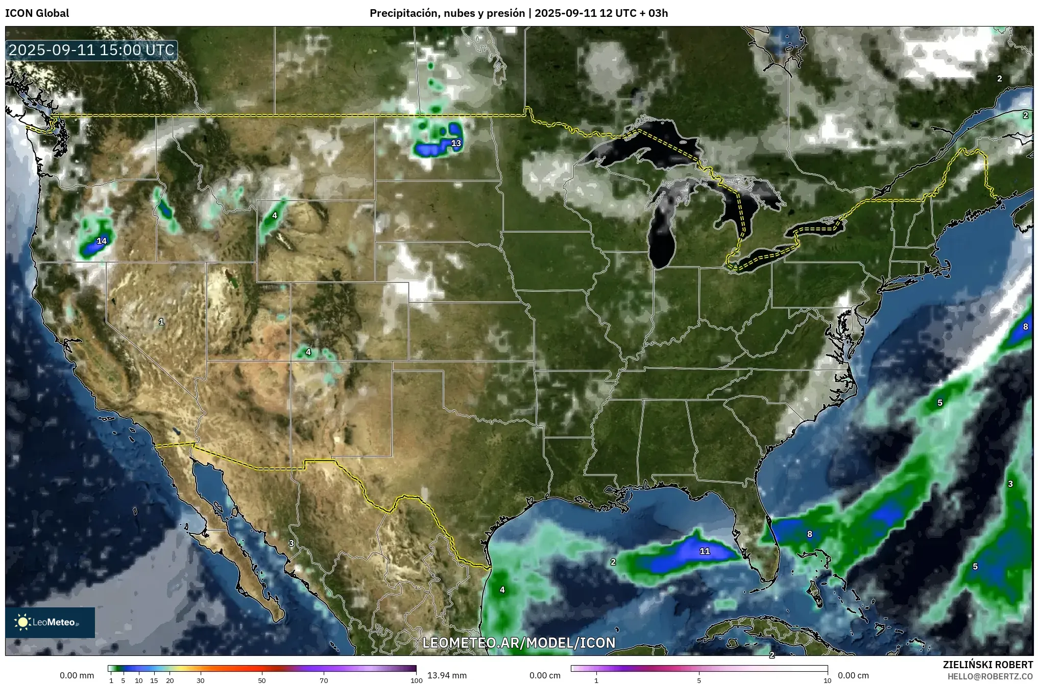 ICON model - Estados Unidos, Precipitación, nubes y presión