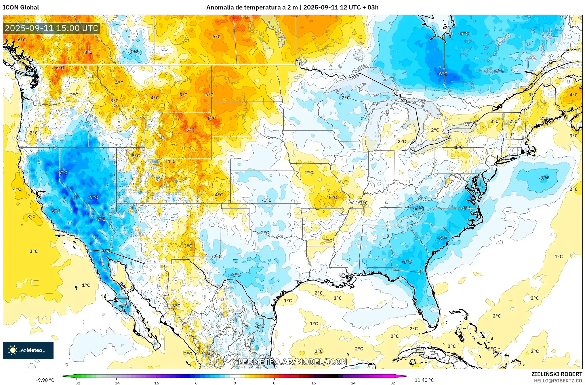 ICON model - Estados Unidos, Anomalía de temperatura a 2 m