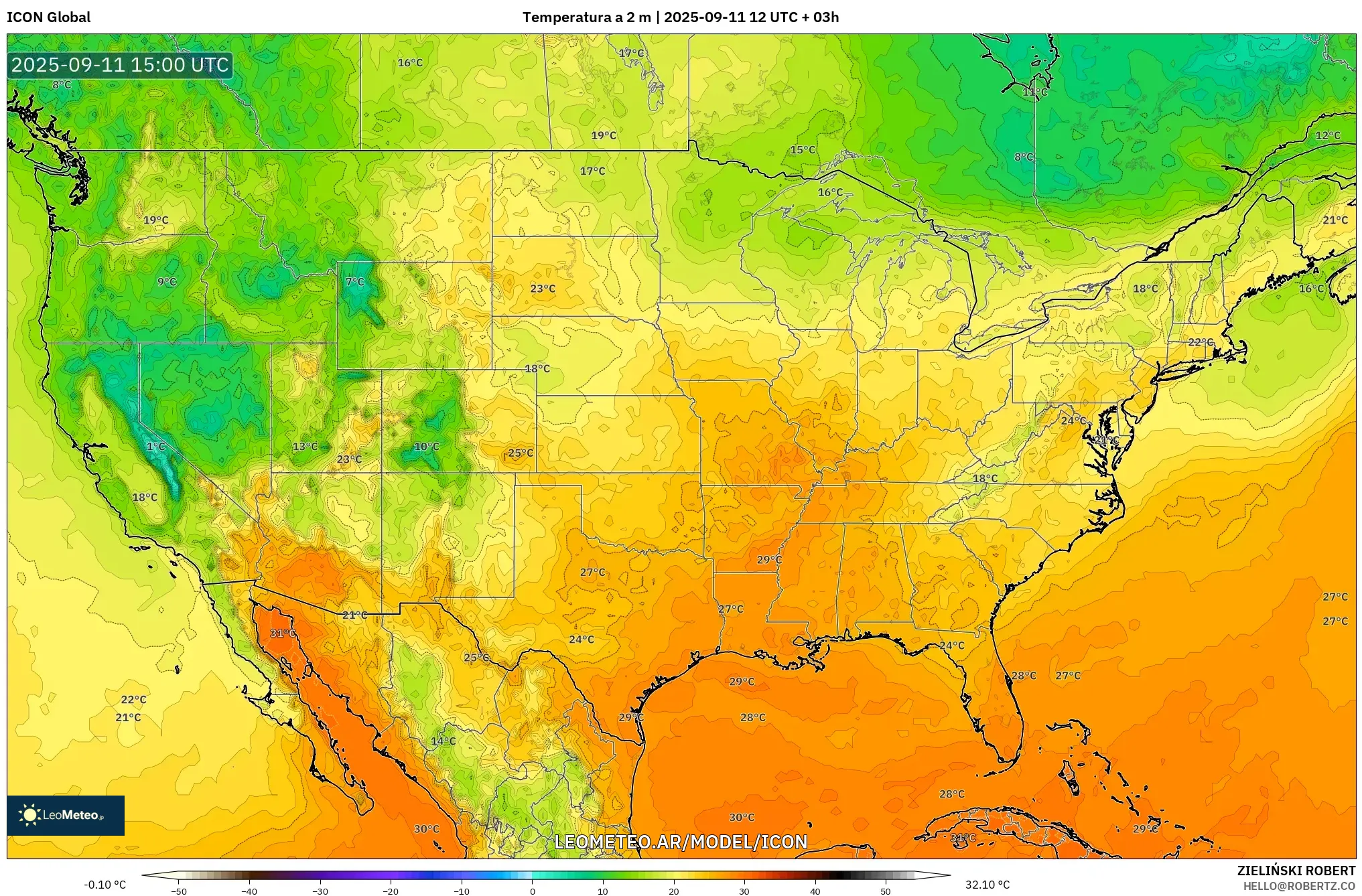 ICON model - Estados Unidos, Temperatura a 2 m