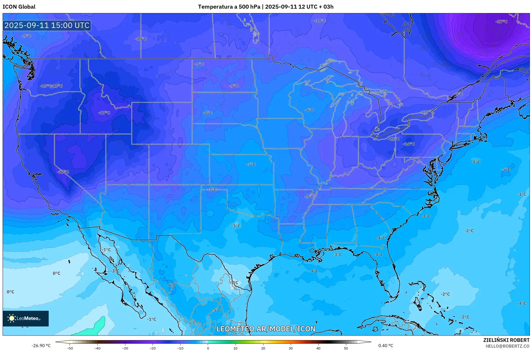ICON model - Estados Unidos, Temperatura a 500 hPa