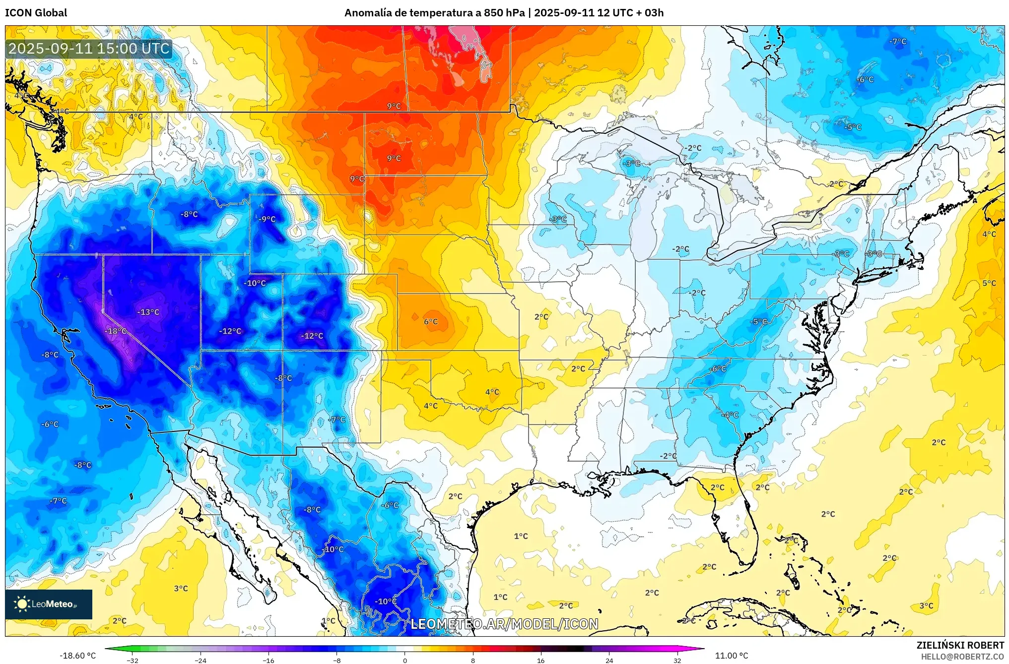 ICON model - Estados Unidos, Anomalía de temperatura a 850 hPa