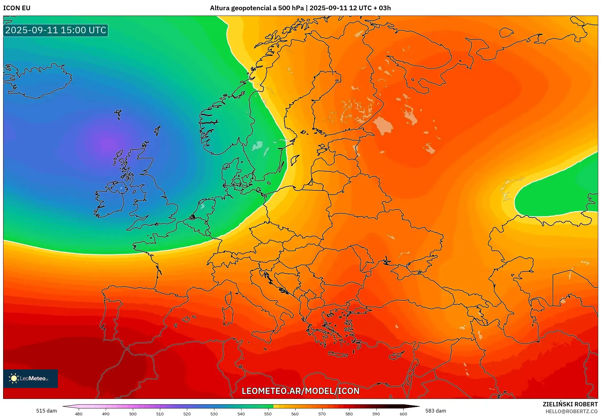 ICON model - Europa, Altura geopotencial a 500 hPa