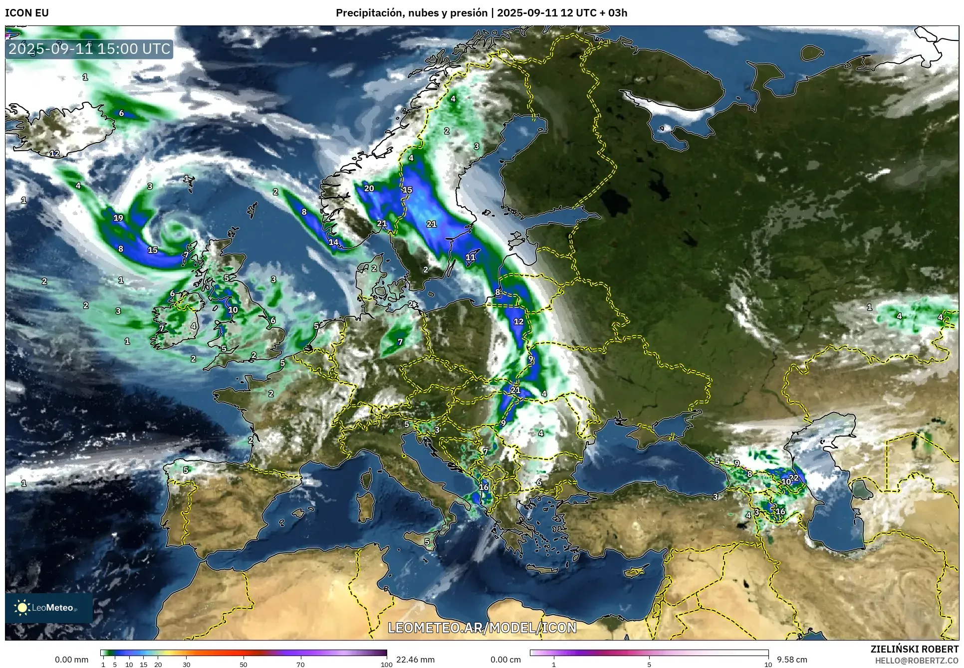 ICON model - Europa, Precipitación, nubes y presión