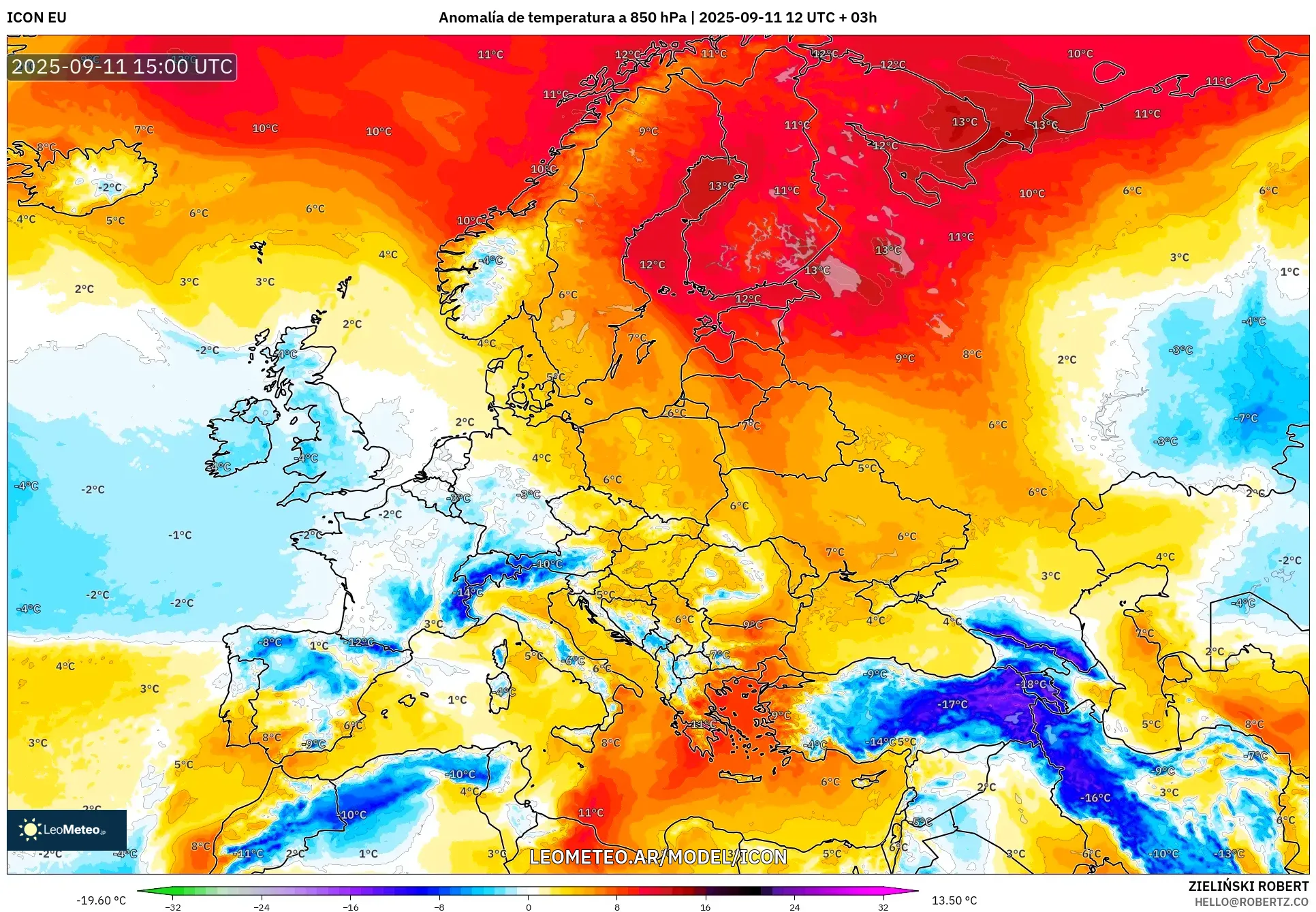 ICON model - Europa, Anomalía de temperatura a 850 hPa