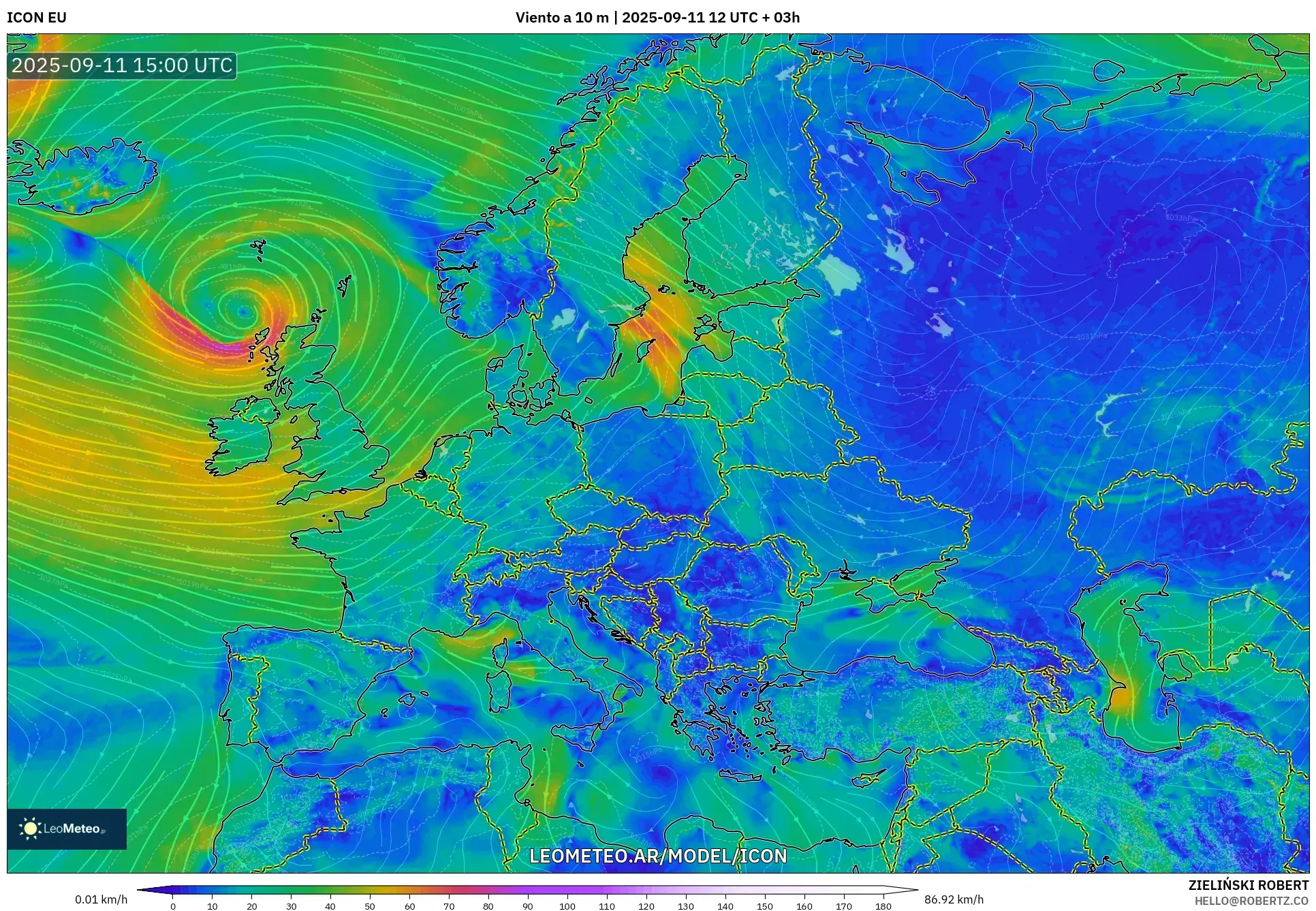 ICON model - Europa, Viento a 10 m