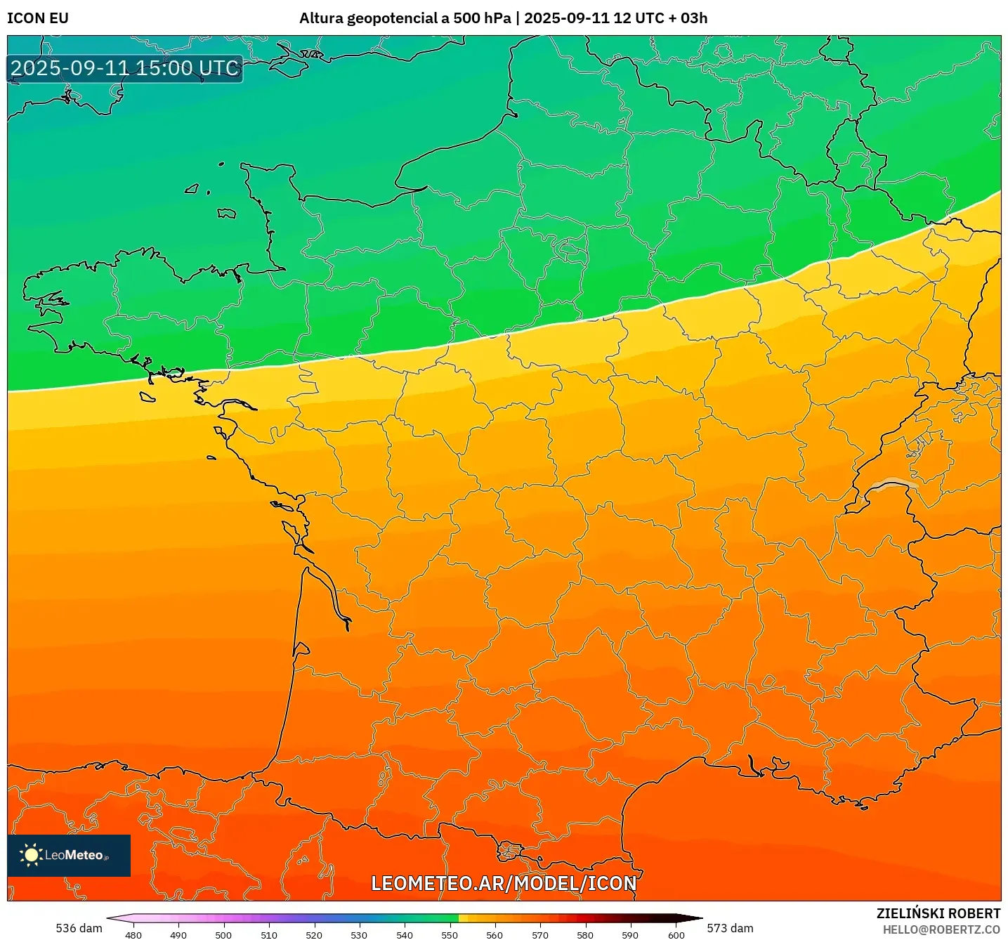 ICON model - Francia, Altura geopotencial a 500 hPa