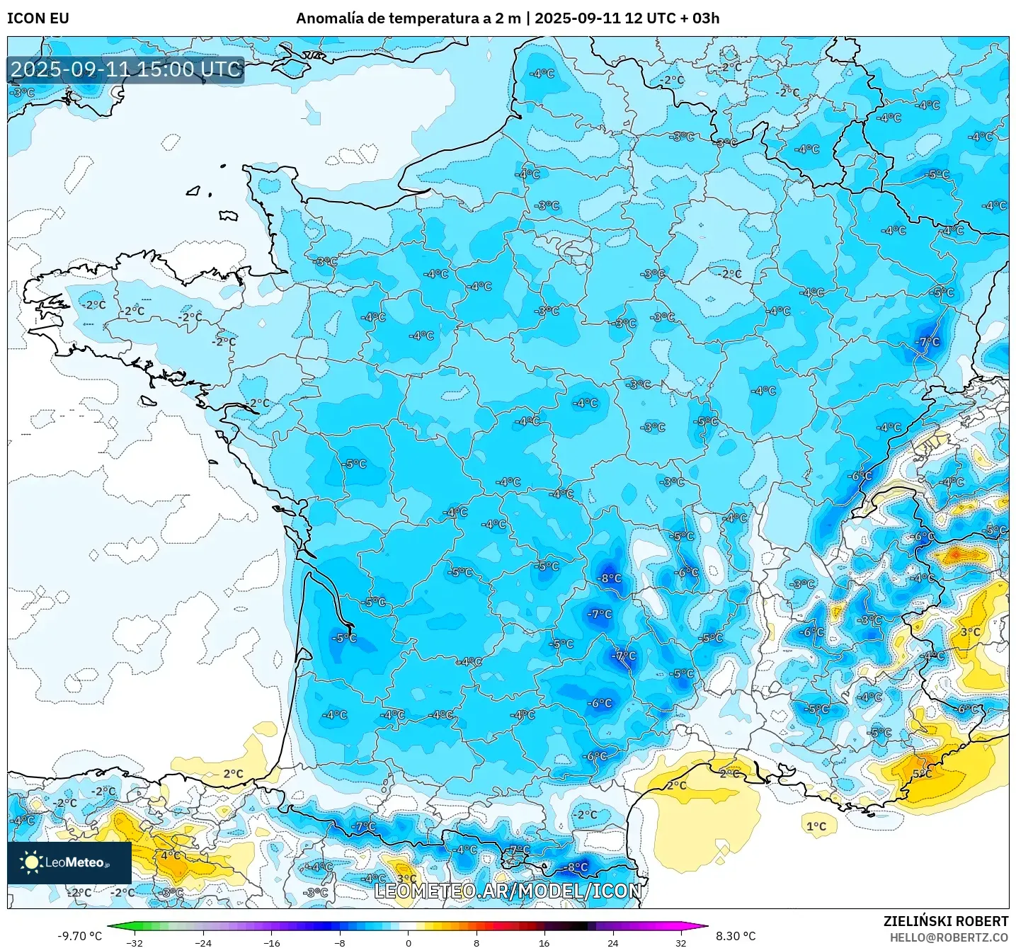 ICON model - Francia, Anomalía de temperatura a 2 m
