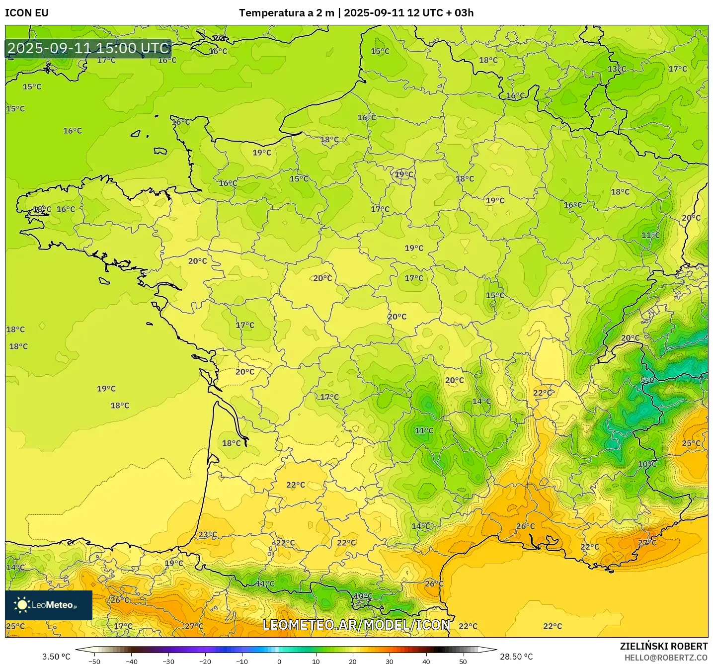 ICON model - Francia, Temperatura a 2 m
