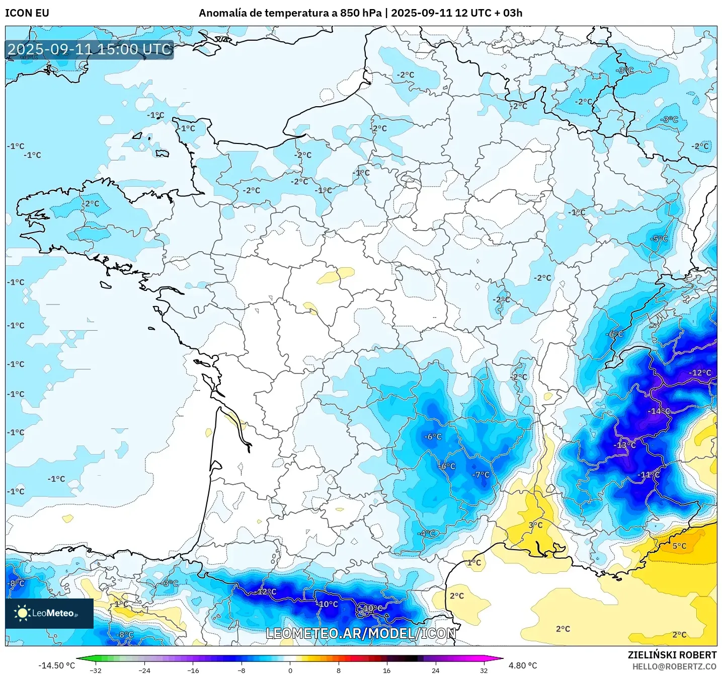 ICON model - Francia, Anomalía de temperatura a 850 hPa
