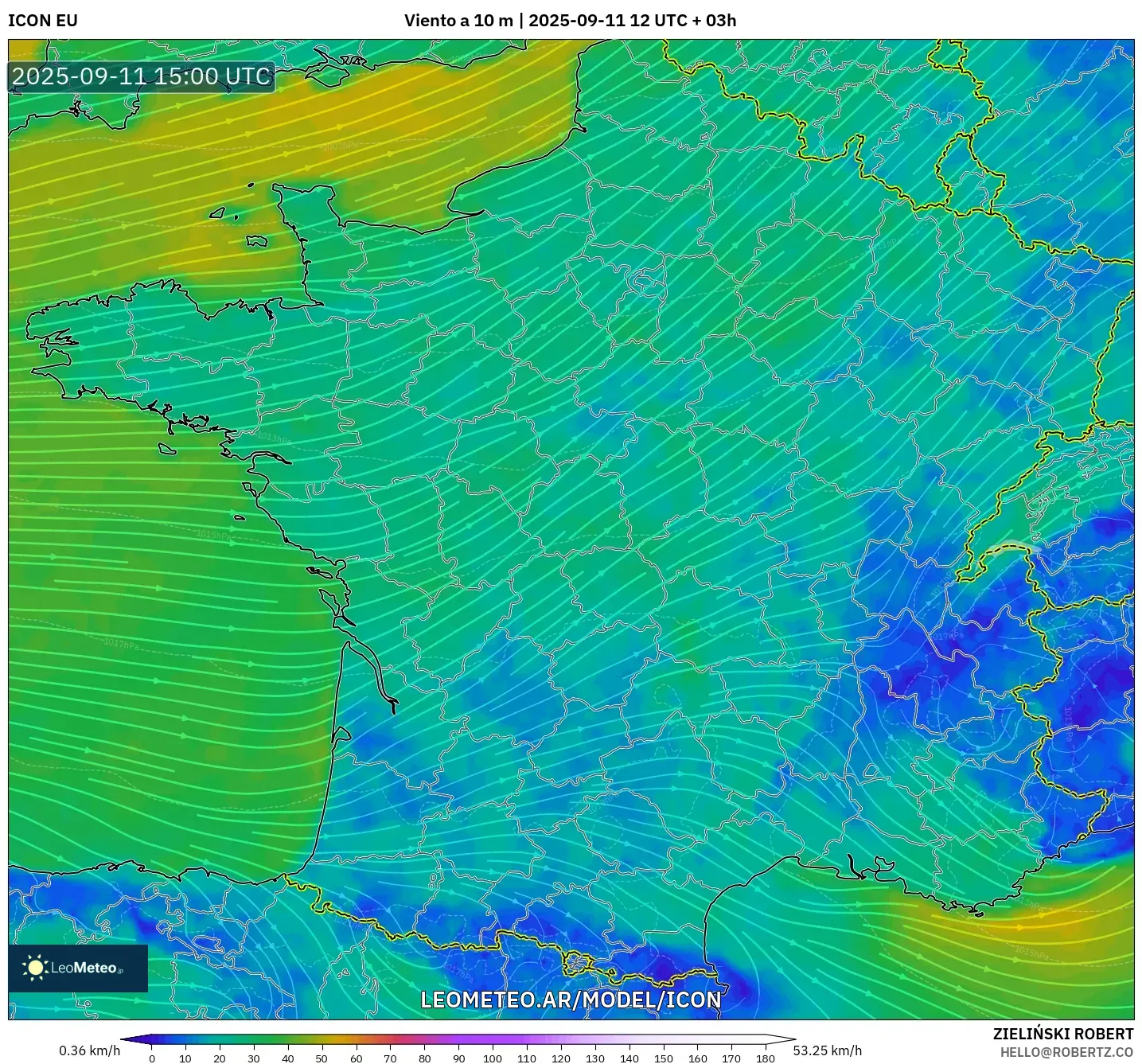 ICON model - Francia, Viento a 10 m
