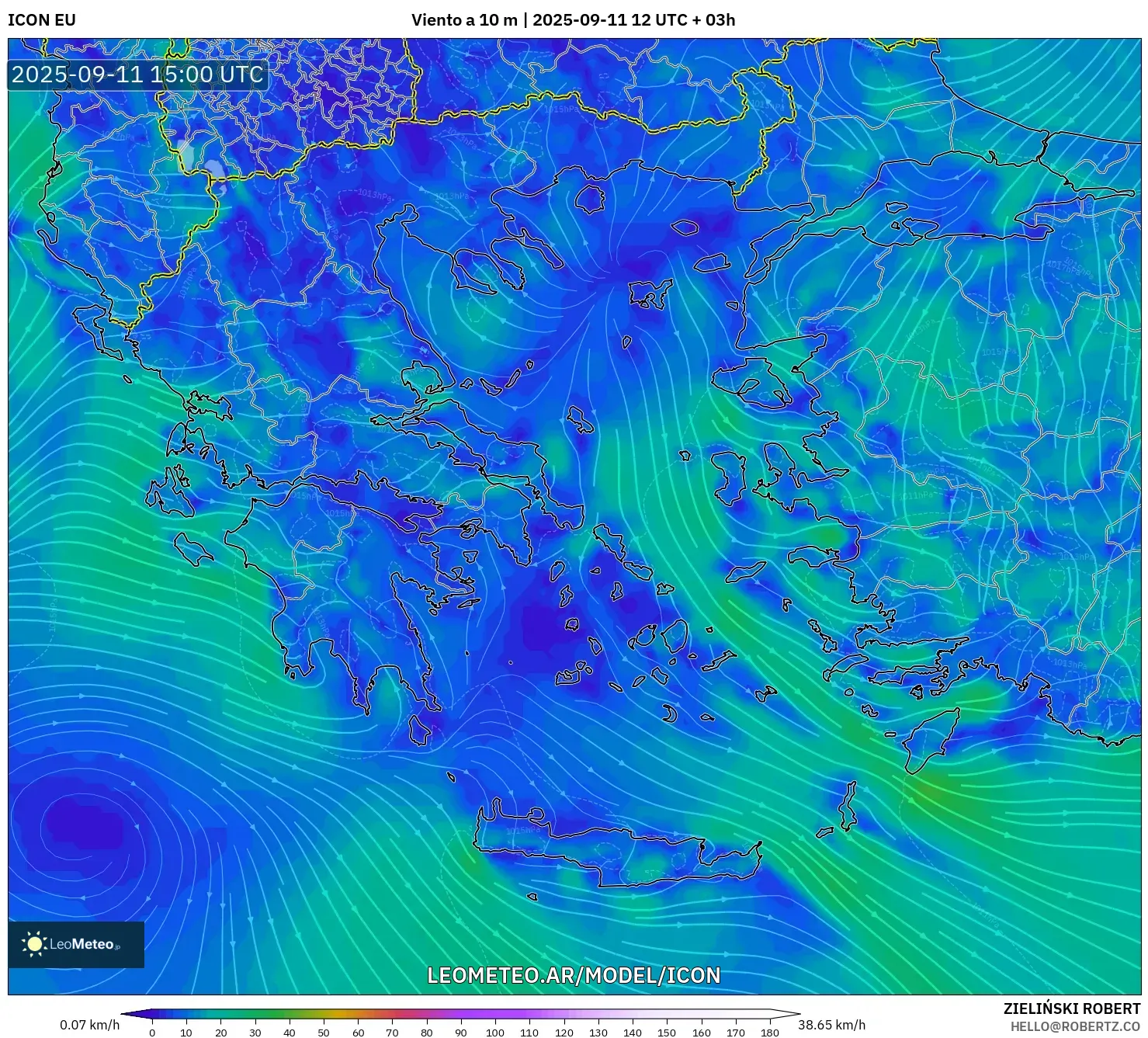 ICON model - Grecia, Viento a 10 m