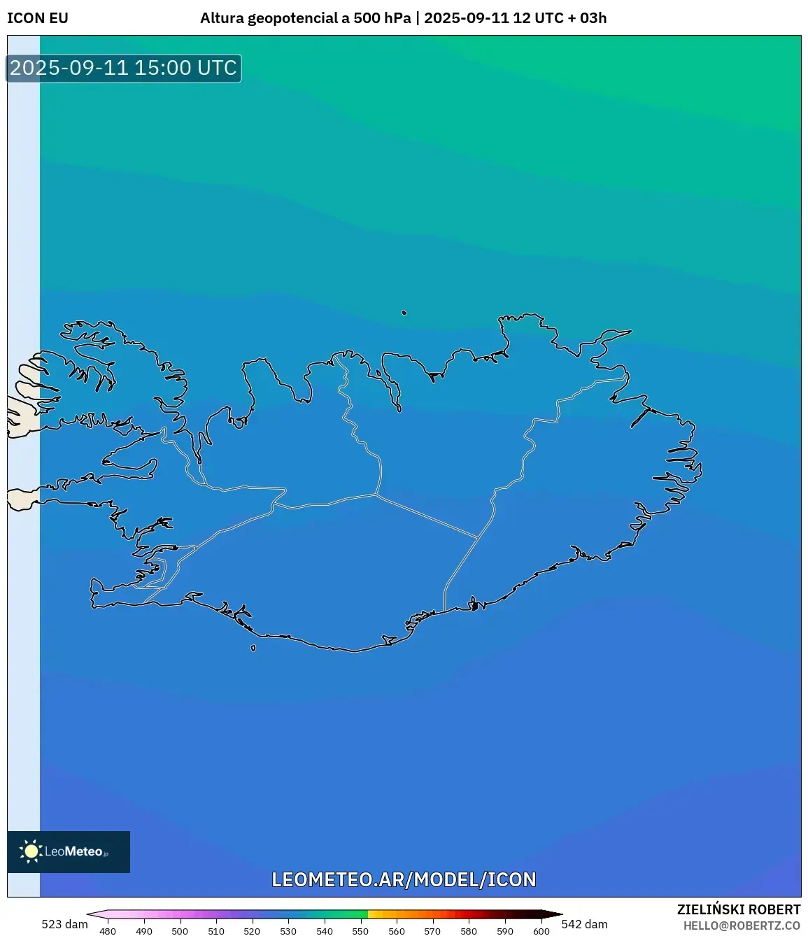 ICON model - Islandia, Altura geopotencial a 500 hPa