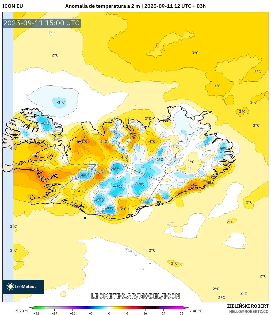 ICON model - Islandia, Anomalía de temperatura a 2 m