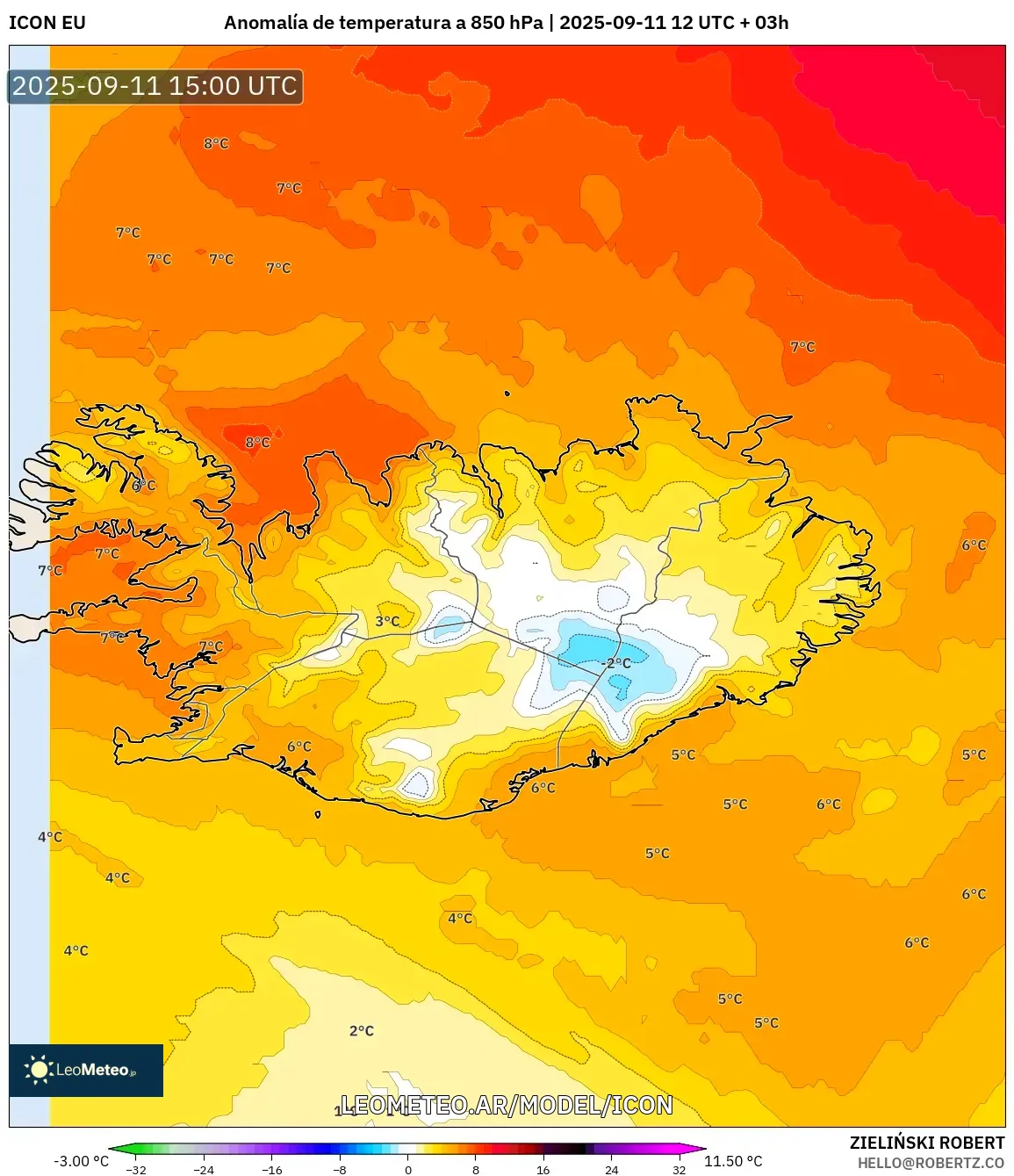 ICON model - Islandia, Anomalía de temperatura a 850 hPa