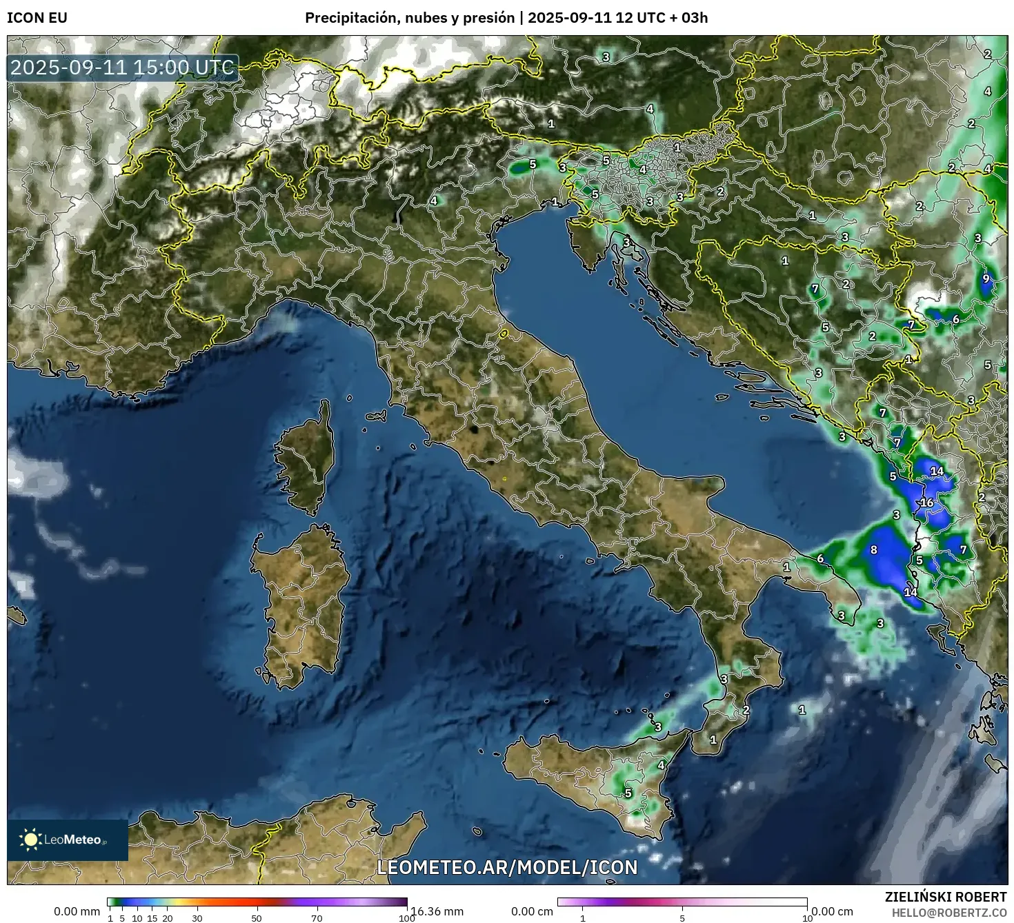 ICON model - Italia, Precipitación, nubes y presión