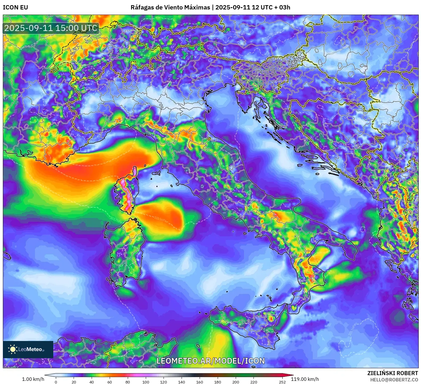 ICON model - Italia, Ráfagas de Viento Máximas