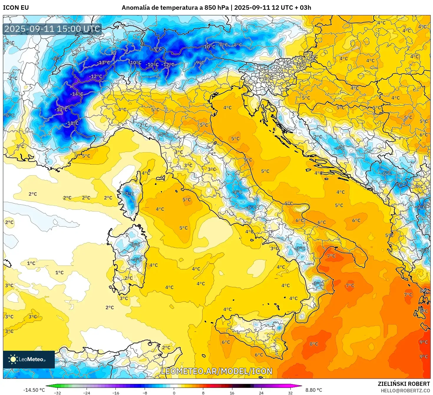 ICON model - Italia, Anomalía de temperatura a 850 hPa