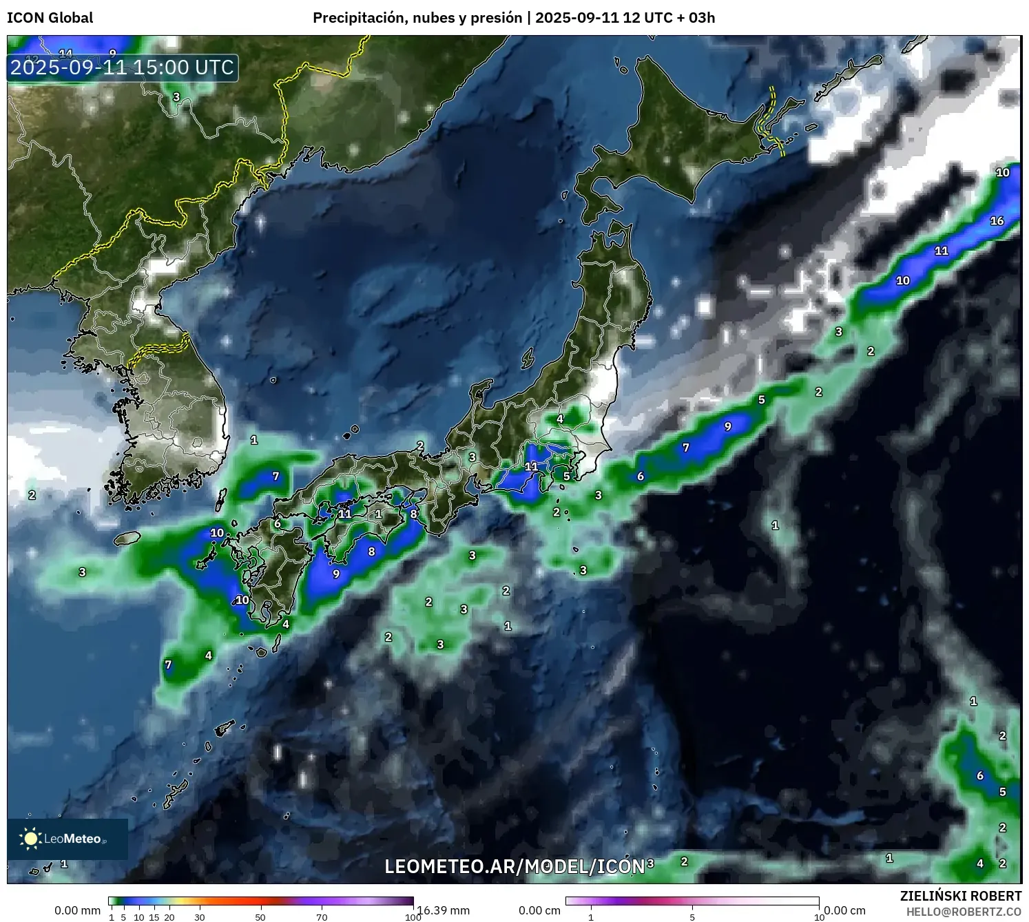 ICON model - Japón, Precipitación, nubes y presión