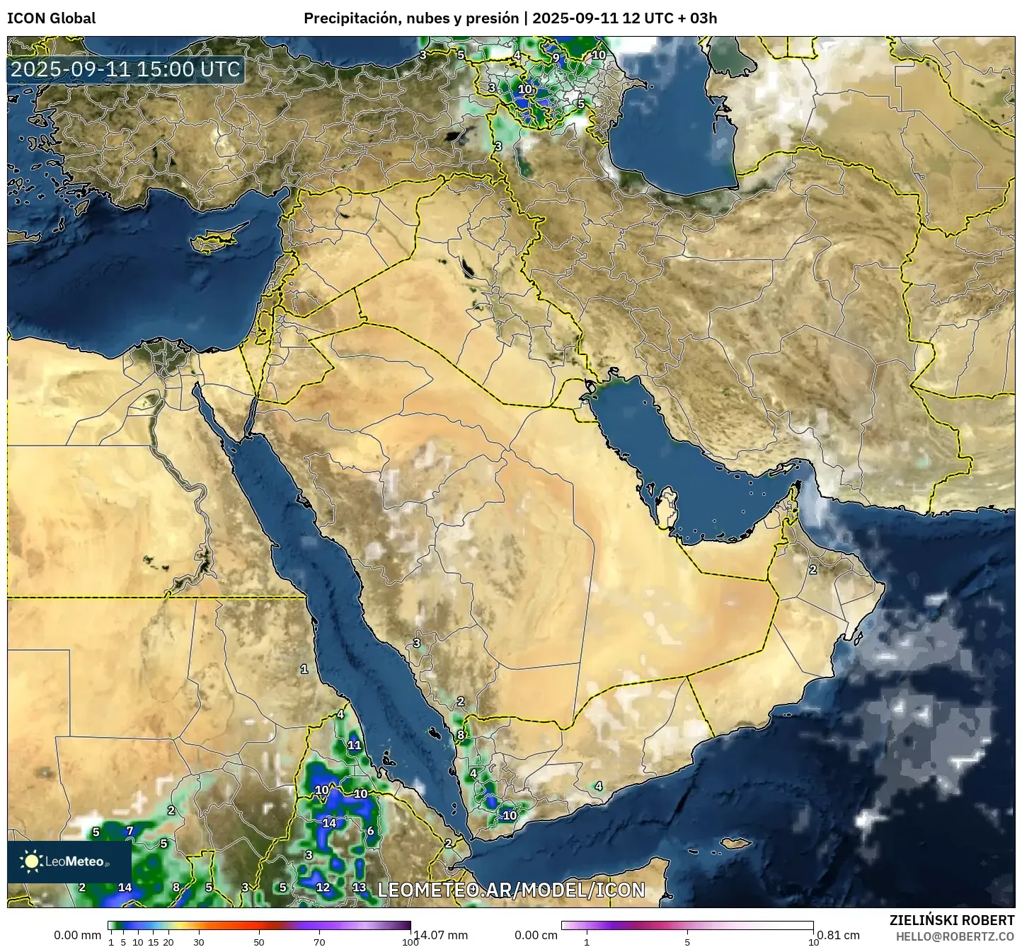ICON model - Oriente Medio, Precipitación, nubes y presión