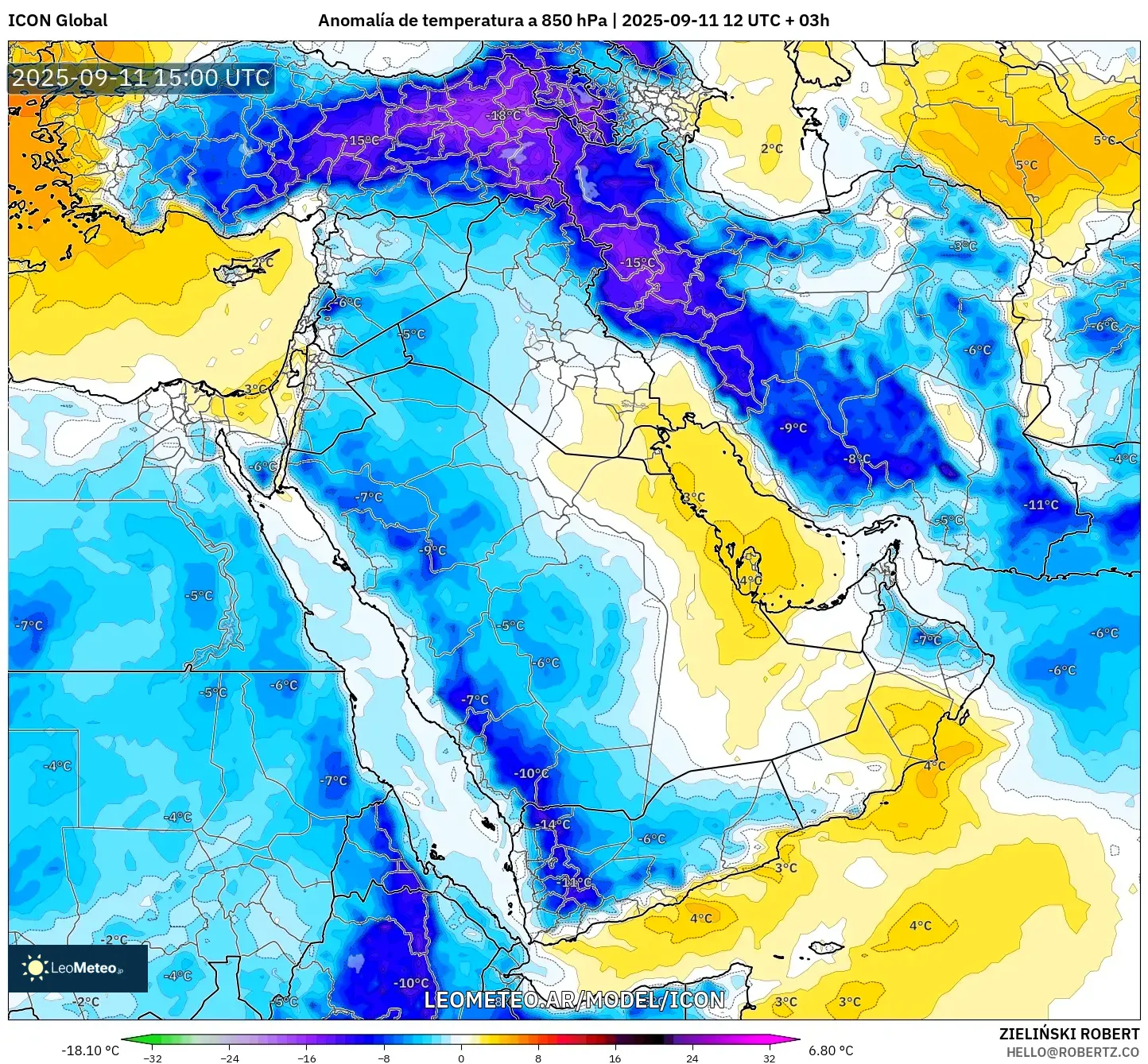 ICON model - Oriente Medio, Anomalía de temperatura a 850 hPa
