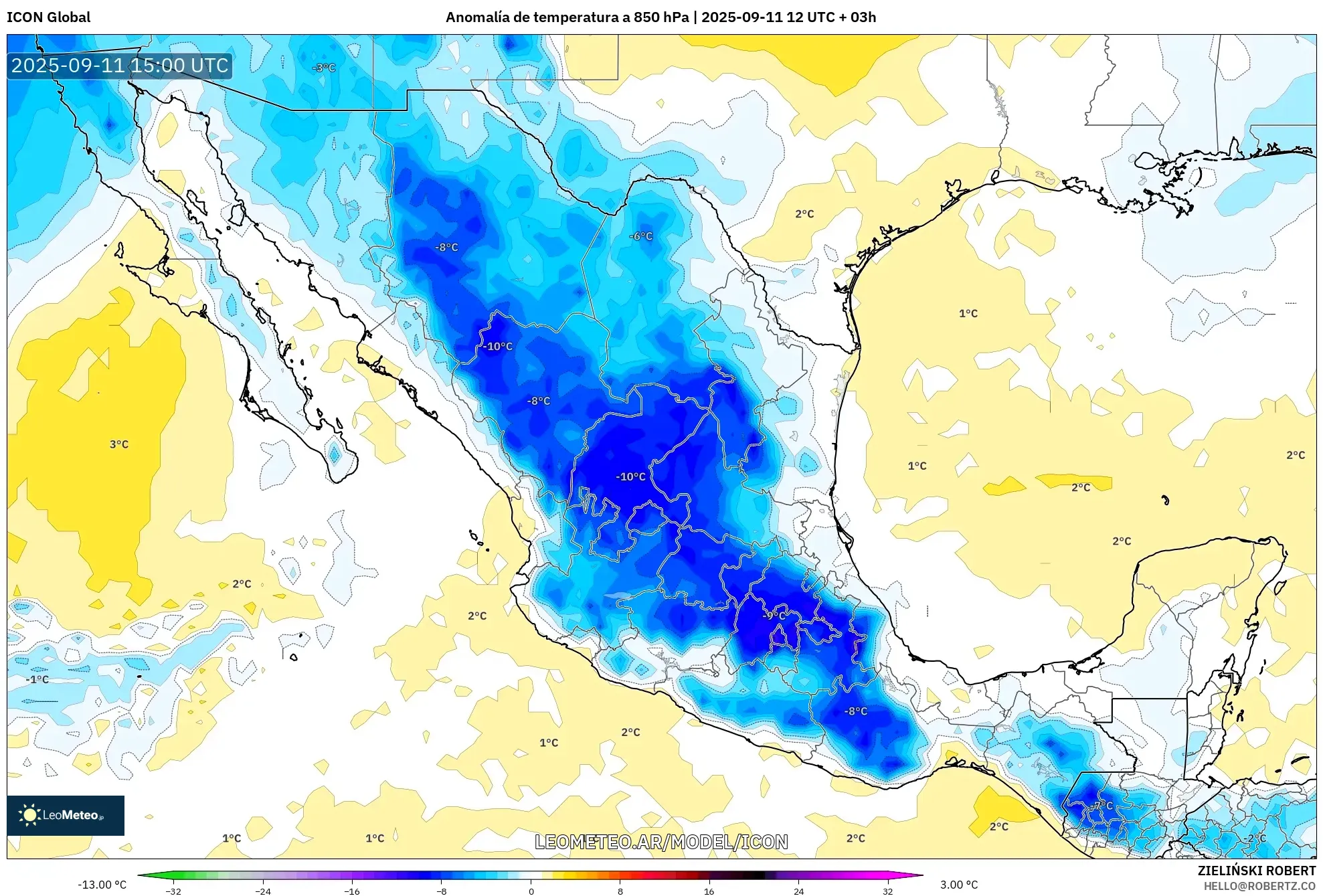 ICON model - México, Anomalía de temperatura a 850 hPa