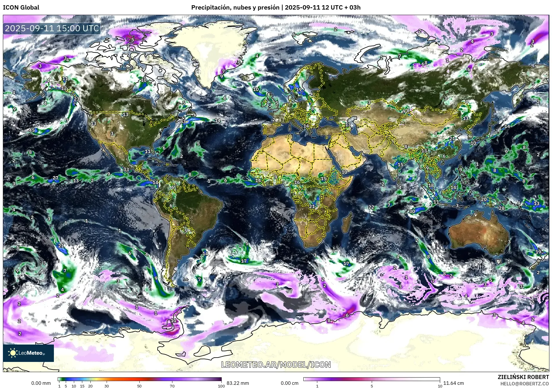 ICON model - Mundo, Precipitación, nubes y presión