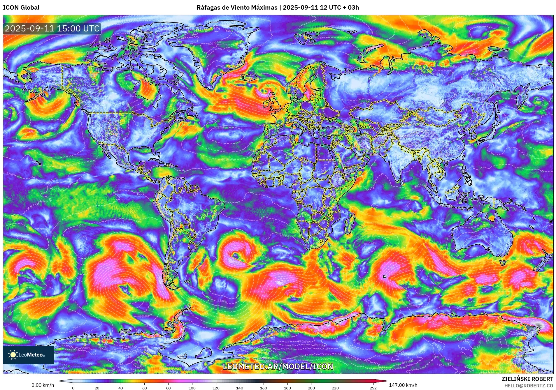 ICON model - Mundo, Ráfagas de Viento Máximas