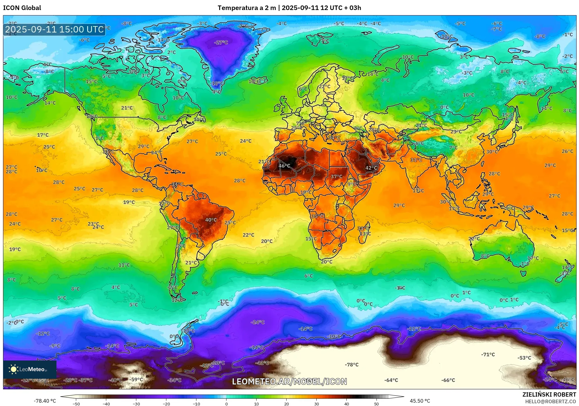 ICON model - Mundo, Temperatura a 2 m