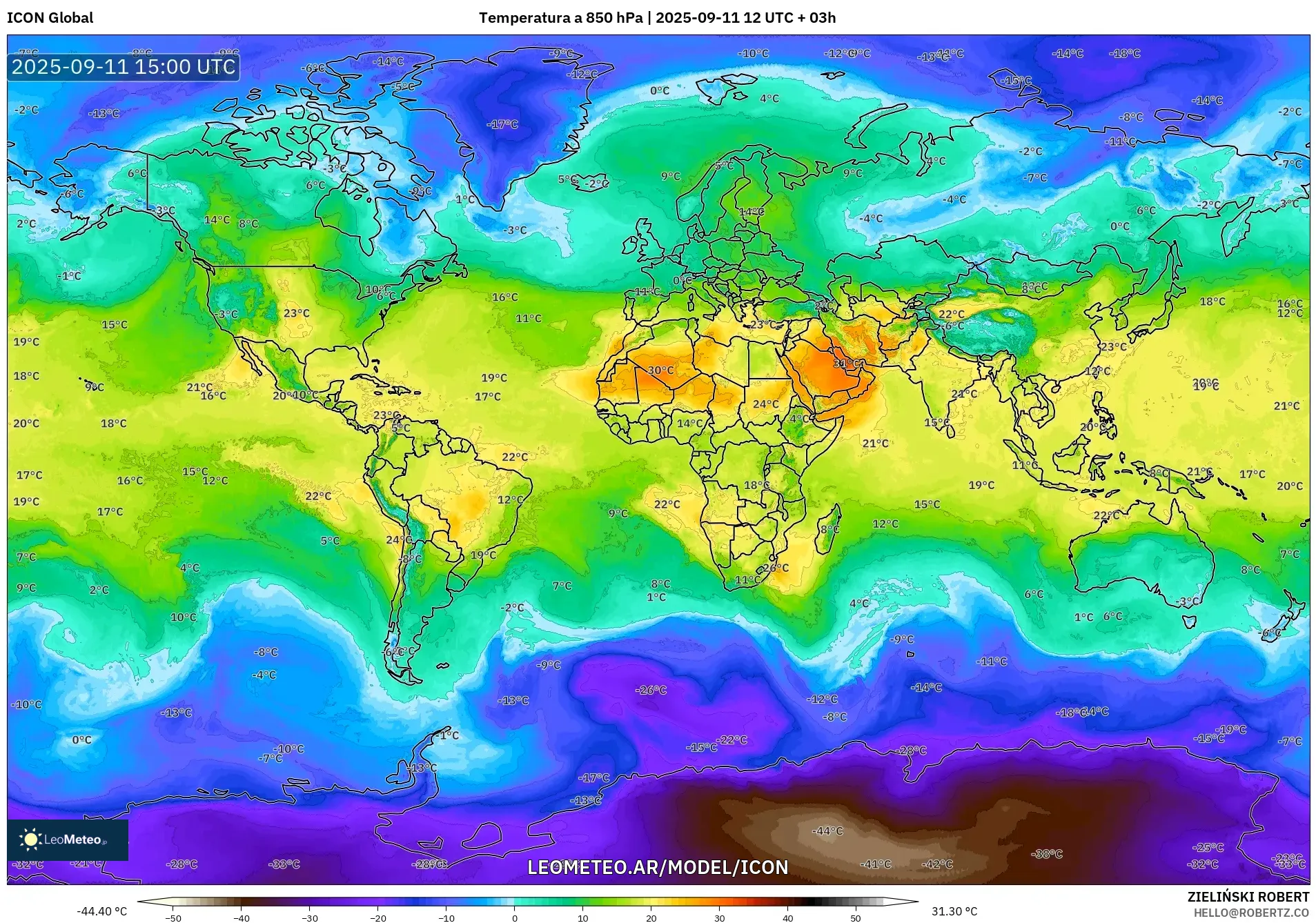 ICON model - Mundo, Temperatura a 850 hPa