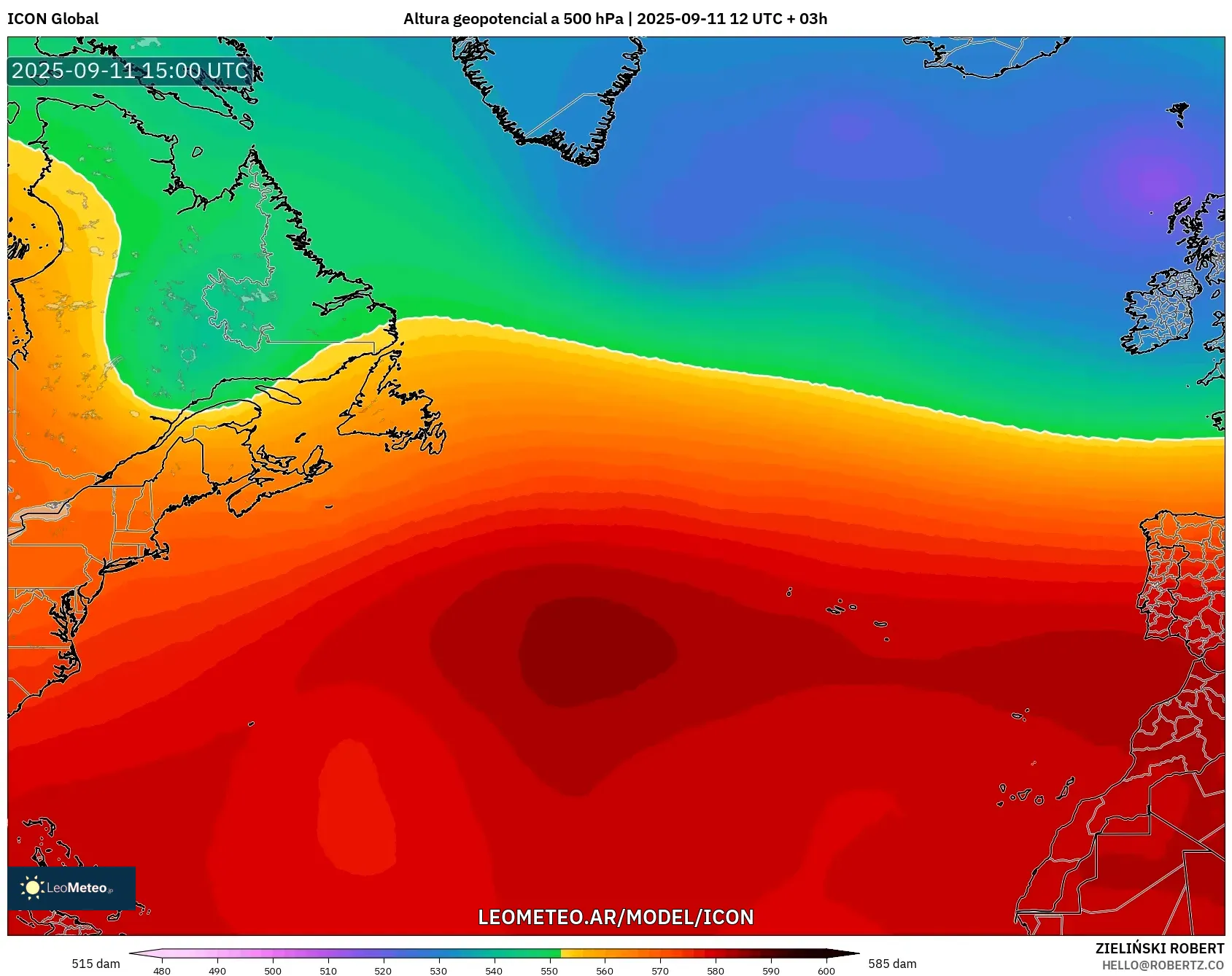 ICON model - Norte Atlántico, Altura geopotencial a 500 hPa