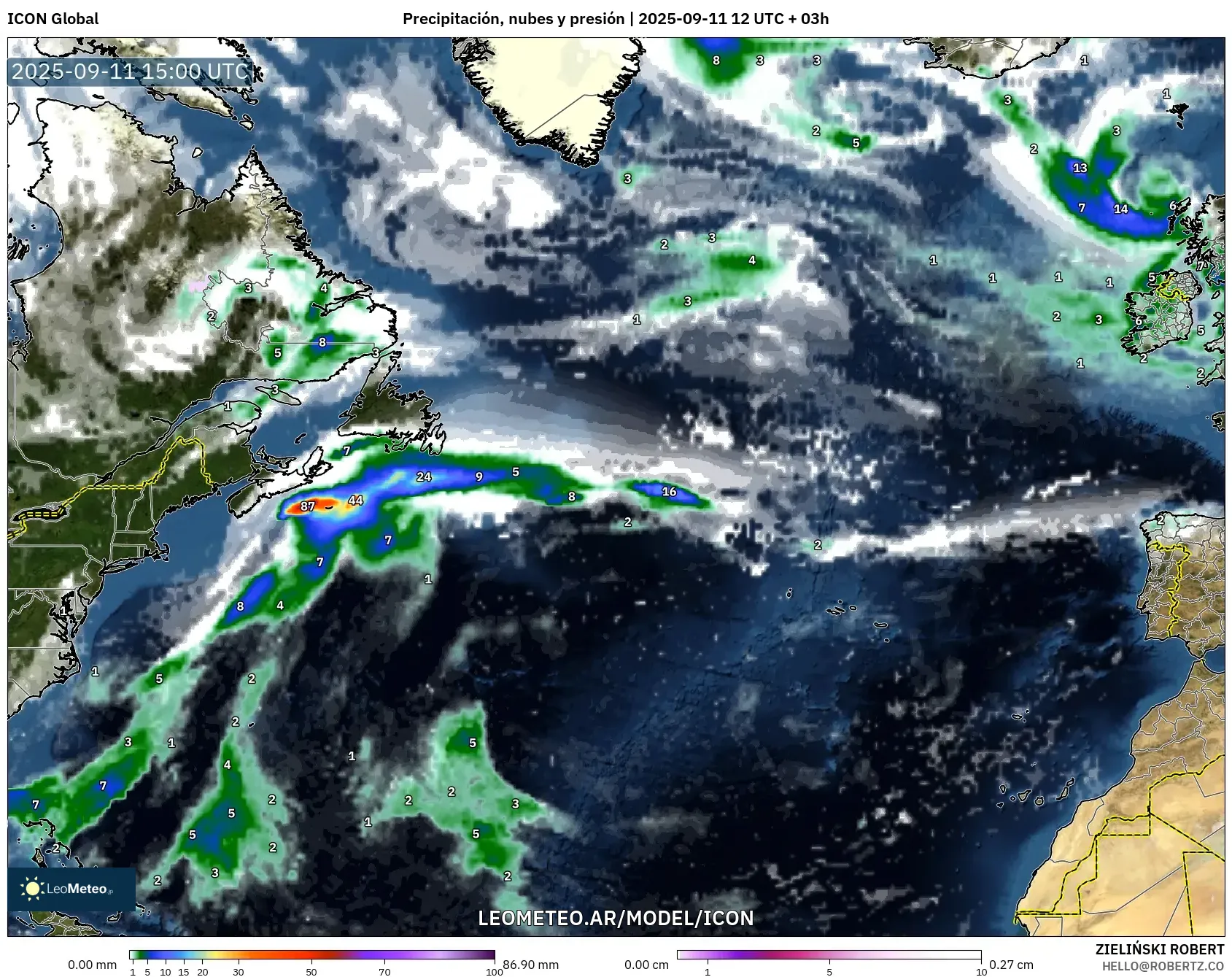 ICON model - Norte Atlántico, Precipitación, nubes y presión
