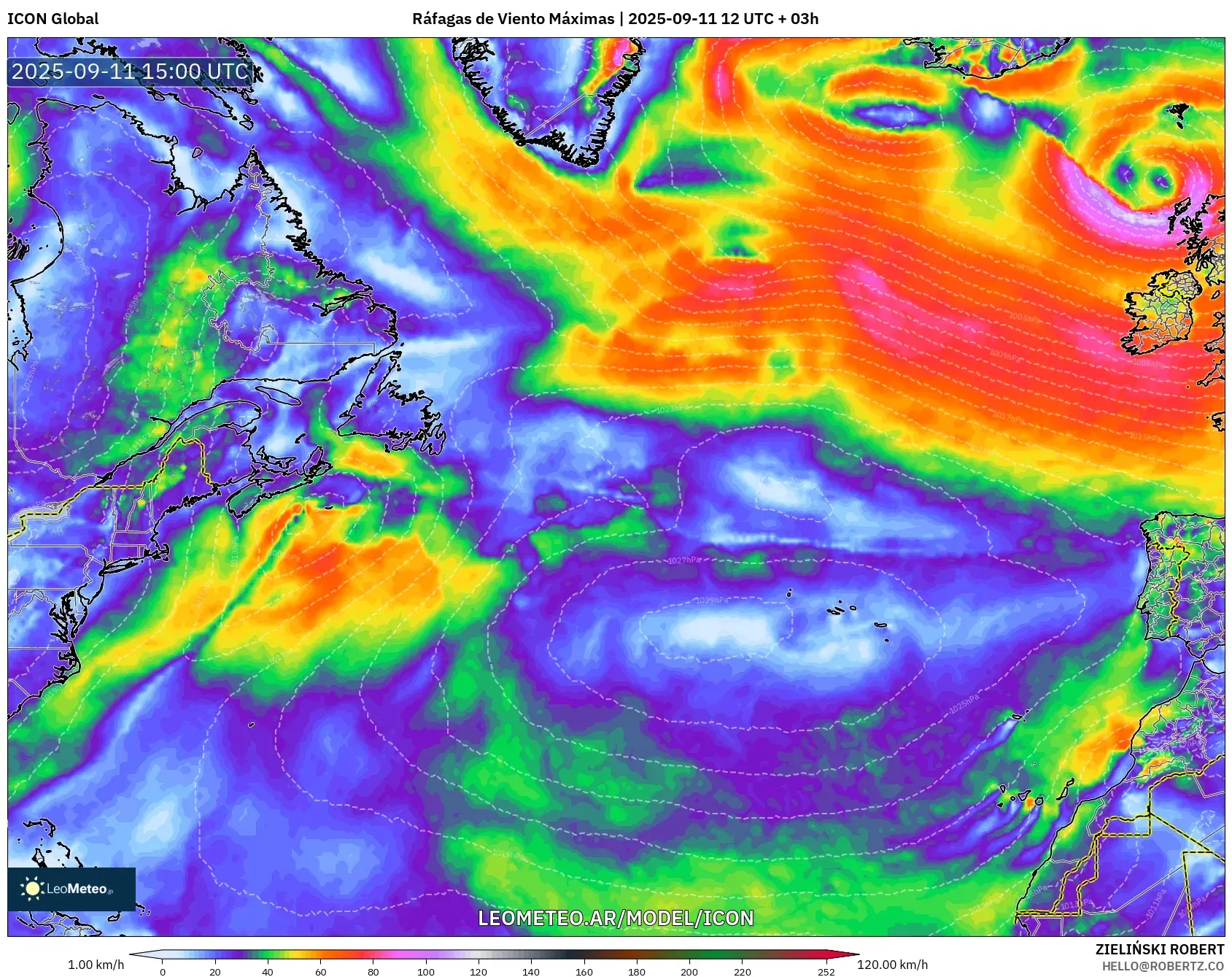 ICON model - Norte Atlántico, Ráfagas de Viento Máximas ICON model - Norte Atlántico, Ráfagas de Viento Máximas