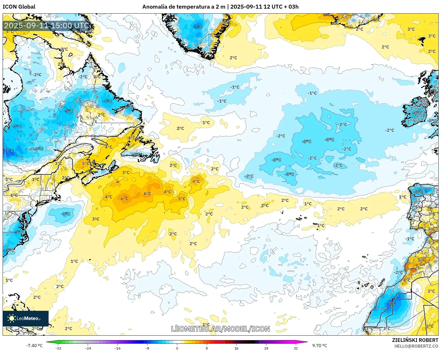 ICON model - Norte Atlántico, Anomalía de temperatura a 2 m