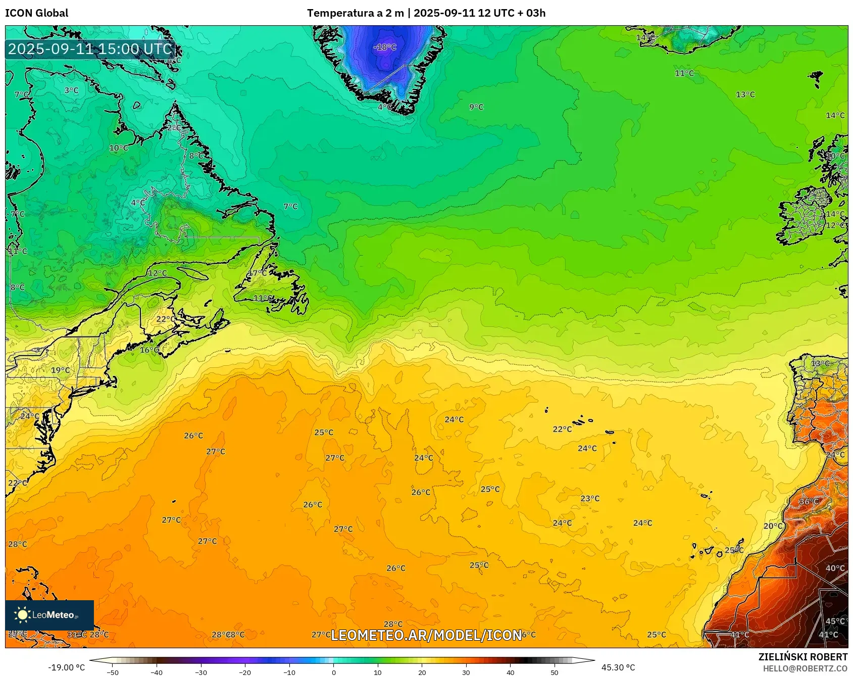 ICON model - Norte Atlántico, Temperatura a 2 m