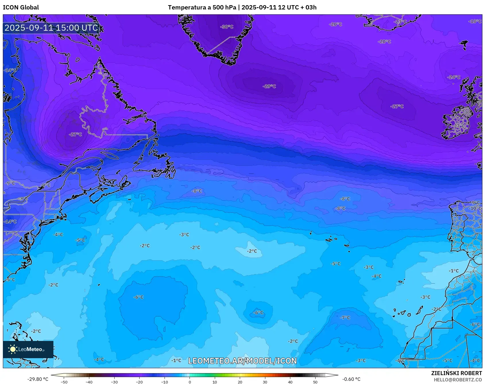 ICON model - Norte Atlántico, Temperatura a 500 hPa