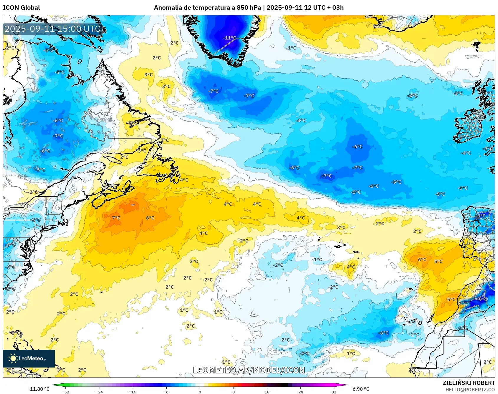ICON model - Norte Atlántico, Anomalía de temperatura a 850 hPa