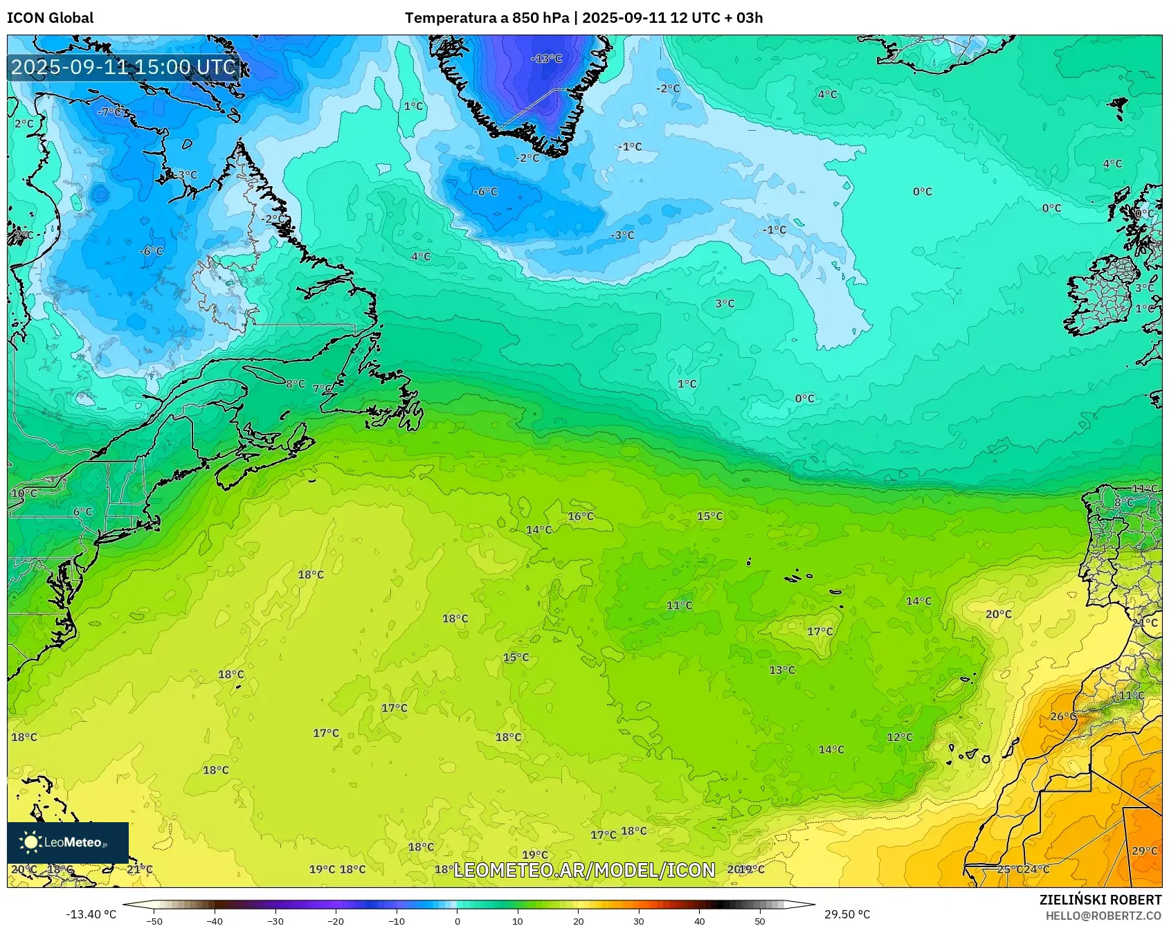 ICON model - Norte Atlántico, Temperatura a 850 hPa