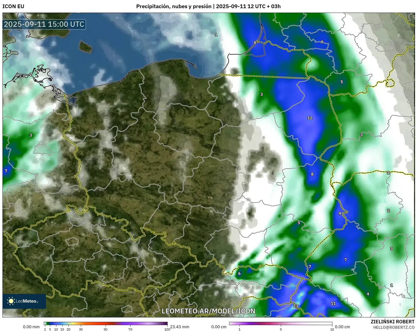 ICON model - Polonia, Precipitación, nubes y presión