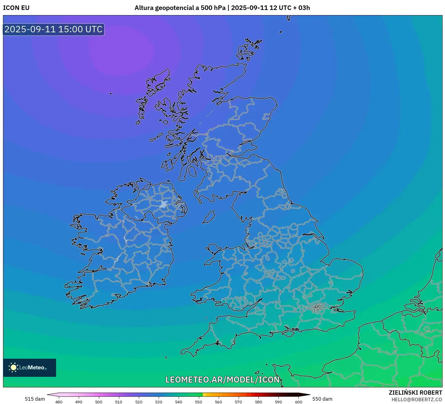 ICON model - Reino Unido, Altura geopotencial a 500 hPa